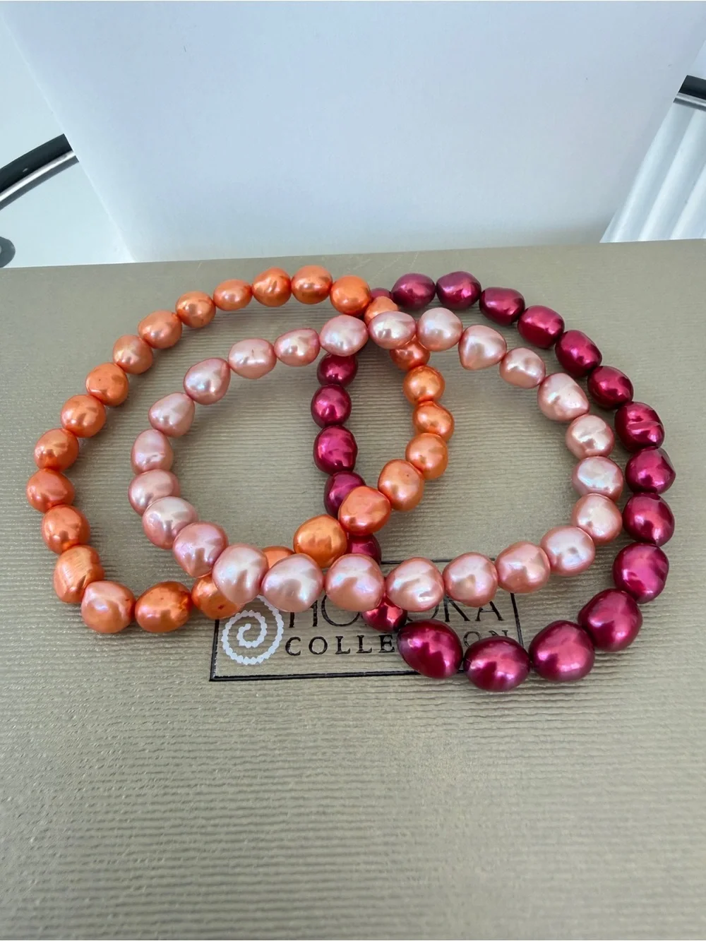 NWOT 7” Honora red, orange, champagne dyed freshwater pearl stretch bracelets!